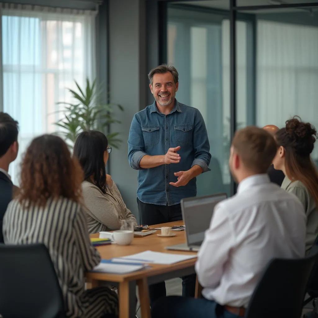 Formateur expliquant un concept à un groupe attentif